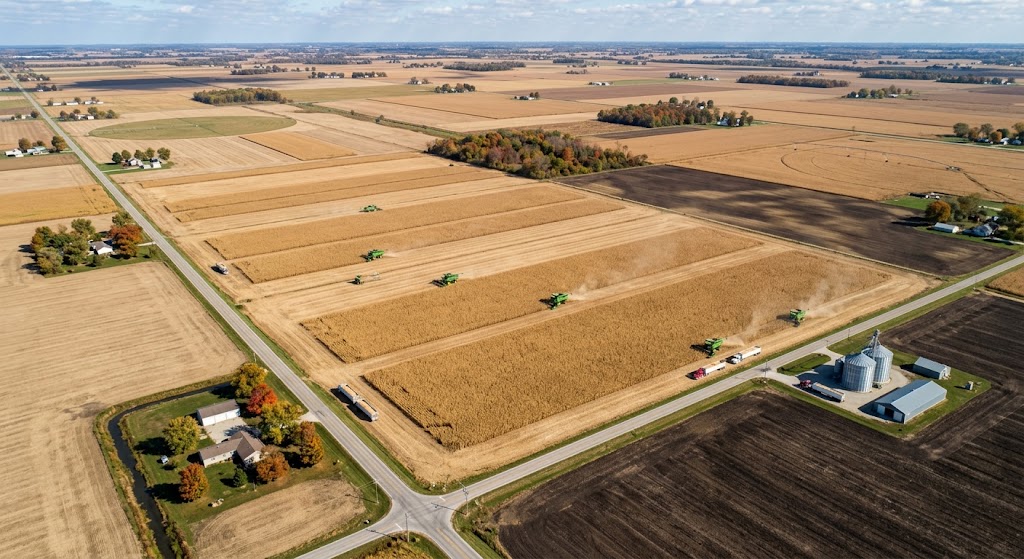 Aerial view of West Central Indiana farmland at harvest