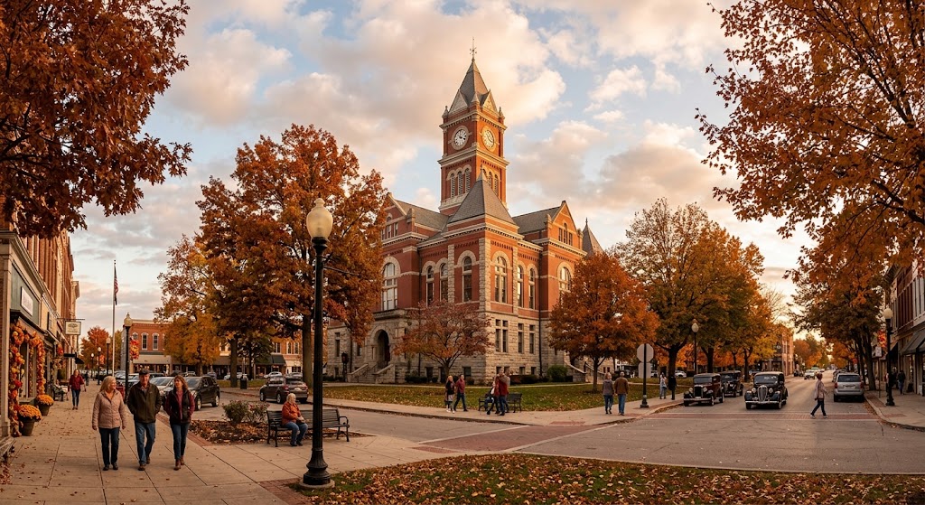 Fall light on a Crawfordsville area street or the courthouse square