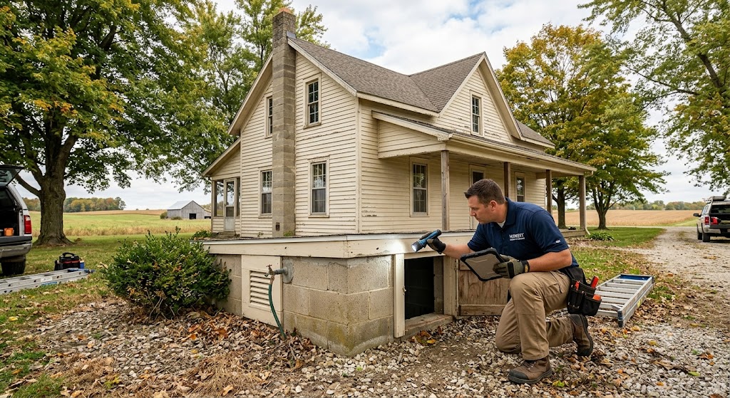 Home inspector examining foundation of a West Central Indiana house