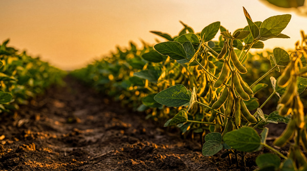 Rows of thriving green soybean plants in a fertile agricultural field at sunrise, illuminated by warm golden light. (1)